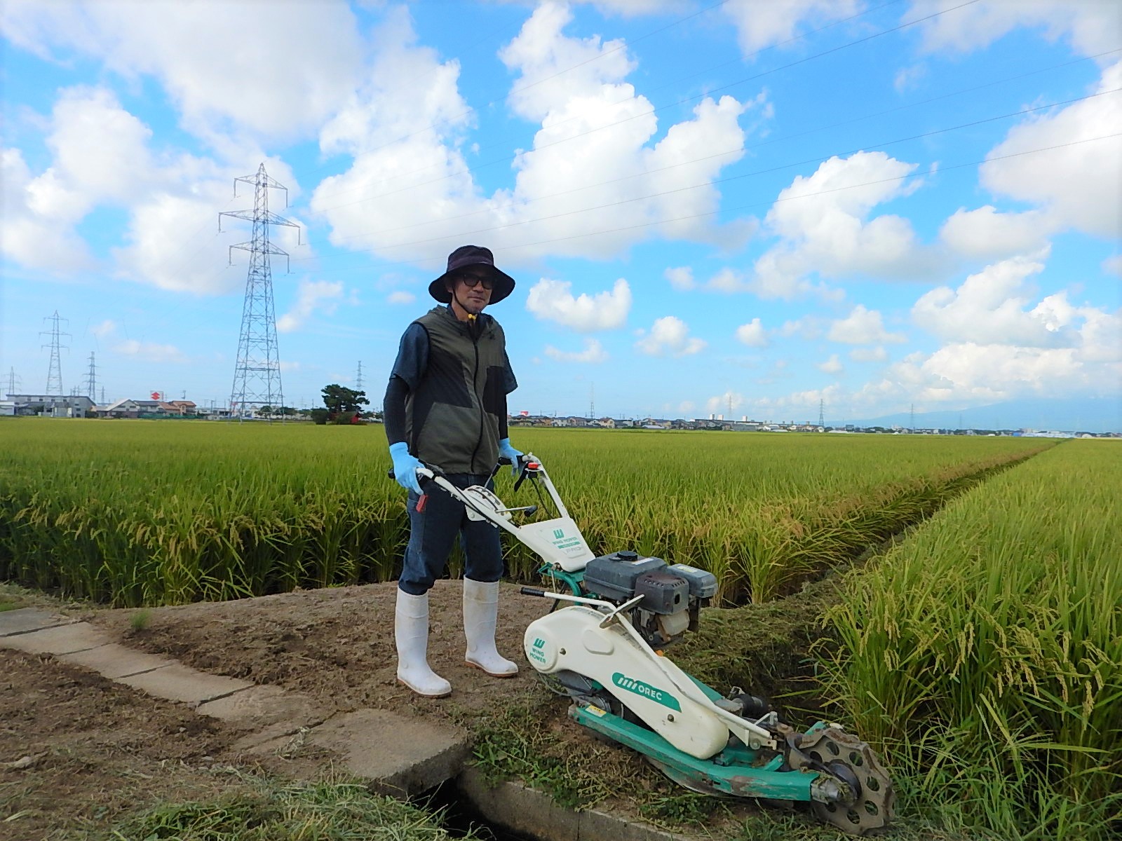 稲刈り前に草刈りを行う松田悟マイスター